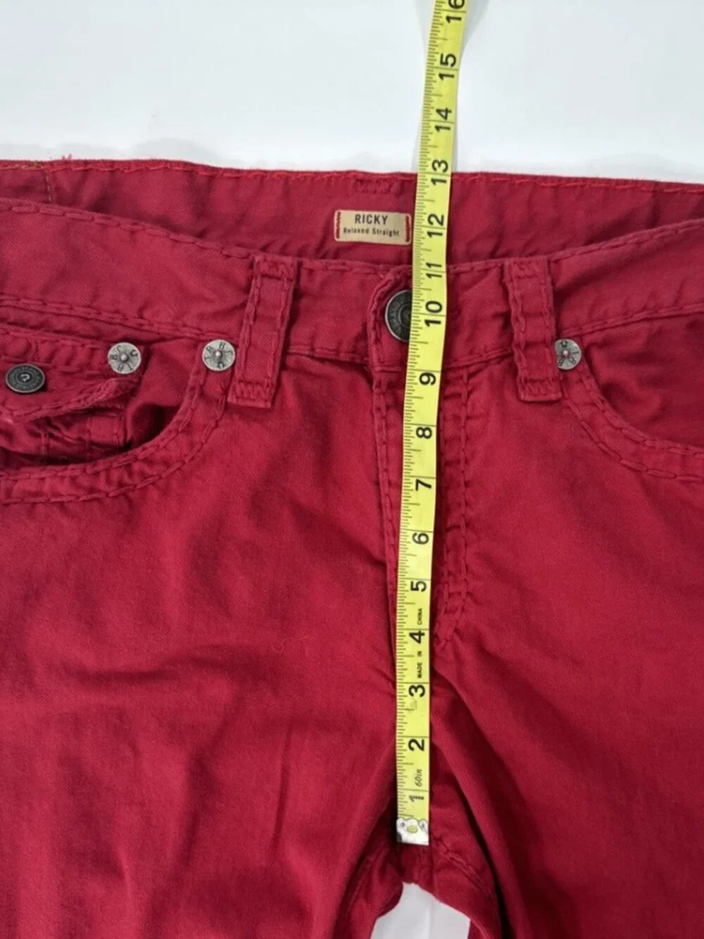 True Religion Red Jeans Mens 38x34 Ricky Relaxed Denim Thick Stitch SuperT Flap